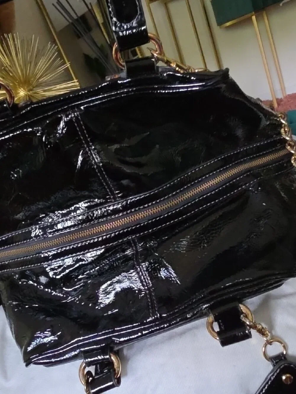 D&G Black Patent Satchel with Gold Chain Accent
